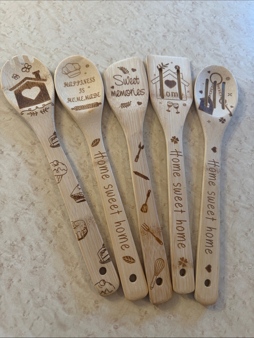 Home Sweet Home Engraved Bamboo Spoons - Set of 5 - Natural